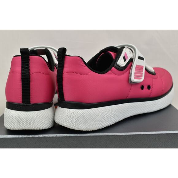 NIB PRADA 3E6322 PINK NYLON WHITE PATENT LEATHER LOW TOP STRAP SNEAKERS 37.5 - Picture 9 of 11
